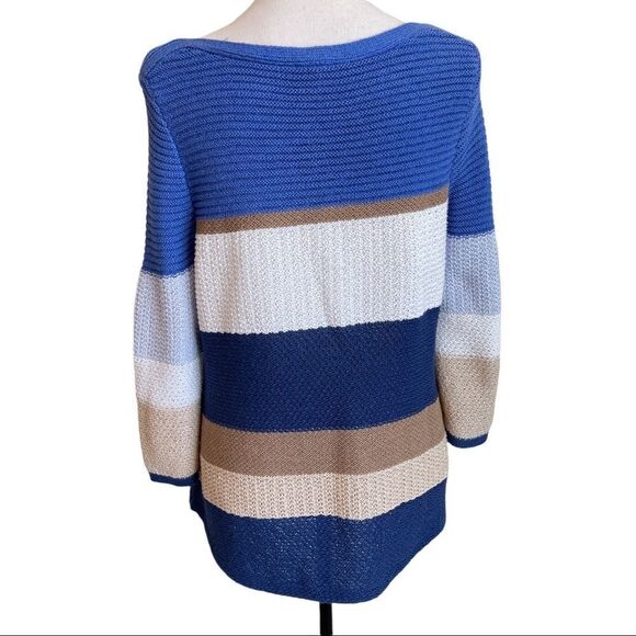 Chico's Cotton Blend Multi Striped Blue, Tan and White Boatneck Sweater Size 8 - Picture 7 of 7